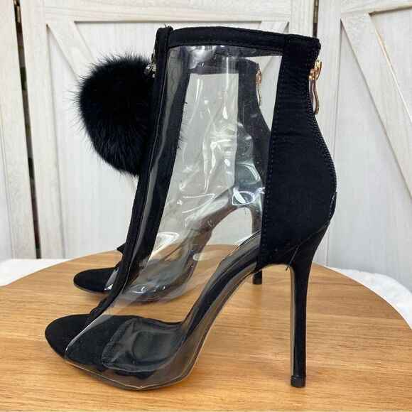 Bai Beiai Clear Peep Toe Heeled Ankle Boots PomPom Zipper Front Black 6 - Picture 4 of 12